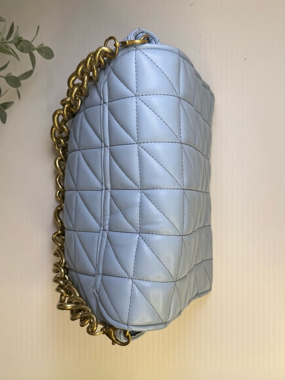 Zara Baby Blue & Gold Quilted Shoulder Bag Gold Chain Accent Strap - Picture 10 of 16